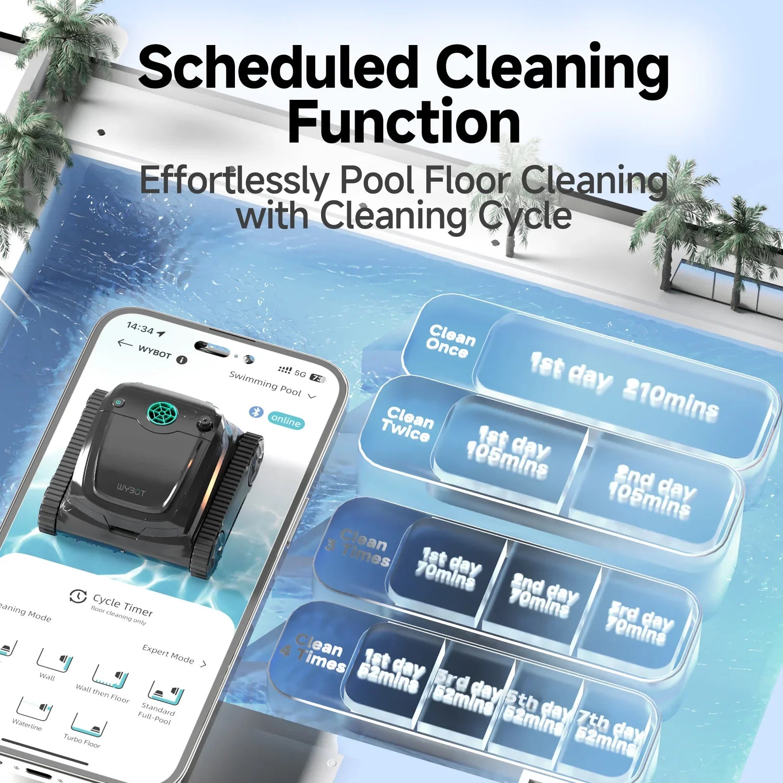 Swimming Pool Robotic Cleaner Walls and Background for Large Family Pool Double Level Filtration Superior Suction Power APP